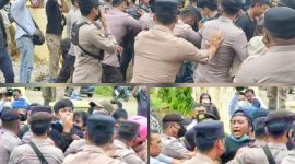 Massa Aksi Koalisi Masyarakat Peduli Konawe Utara (Kompak) mendesak Polres Konut Hentikan Aktivitas Perambahan Hutan di Blok Mandiodo. Rabu (23/03/2022). 