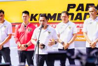 Kapolri, Jenderal Listyo Sigit Prabowo memberikan sambutan parade kemenangan sea games 2022. (*Ist) 