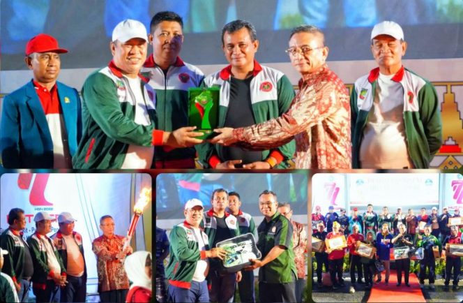 Bupati Ruksamin resmi membuka HUT PGRI dan HGN ke 77 Tahun di lapangan sepak bola Kecamatan Molawe, Konawe Utara. (*Ist). 