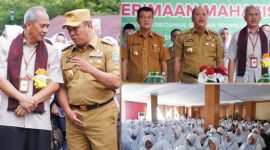 Bupati Konut, Dr Ruksamin bersama Wakil Bupati, H Abuhaera menyambut Direktur Poltekkes Kemenkes, Teguh Fathurrahmat, bersama 451 Mahasiswa PKLT di Aula Anawai Ngguluri, Kelurahan Wanggudu, Kecamatan Asera, Senin (20/2/2023). (*Ist) 