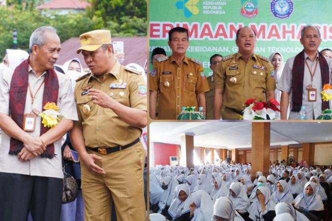 Bupati Konut, Dr Ruksamin bersama Wakil Bupati, H Abuhaera menyambut Direktur Poltekkes Kemenkes, Teguh Fathurrahmat, bersama 451 Mahasiswa PKLT di Aula Anawai Ngguluri, Kelurahan Wanggudu, Kecamatan Asera, Senin (20/2/2023). (*Ist) 