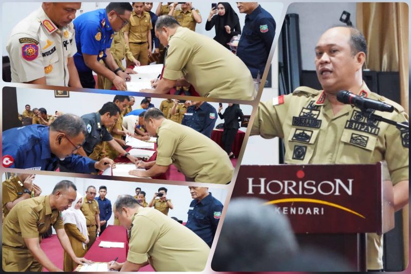Bupati Konut, Dr. Ir. H. Ruksamin, ST.,M.Si.,IPU.,ASEAN.,Eng, bersama Wakil Bupati (Wabup), H. Abuhaera, S.Sos., M.Si., menyaksikan perjanjian penandatanganan kinerja Kepala OPD. (*Ist) 