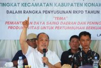 Bupati Konut, Dr. Ir. H. Ruksamin, S.T., M. Si., IPU., ASEAN. Eng, memaparkan program pembangunan kabupaten konawe utara, terealisasi maupun belum terlaksanakan. (*Ist) 