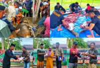 Jajaran Satbrimob Polda Sultra menyerahkan daging qurban Hari Raya Idul Adha 1444 H/2023 M, di areal Markas Komando (Mako) Brimob Polda Sultra, Kamis (29/6). (*Ist)