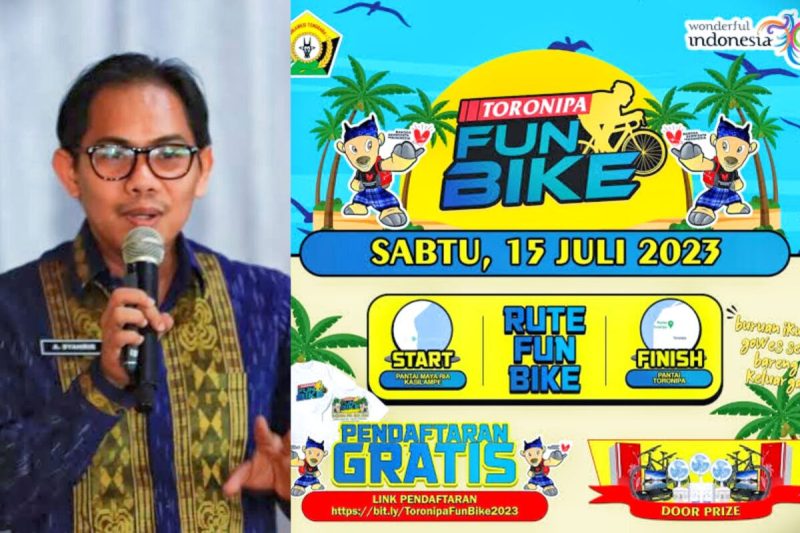 Kepala Bidang Pengembangan Pemasaran Dispar Sultra, Andi Syahrir (kiri), dan menyiapkan 200 kaos gratis pendaftar pertama Toronipa Fun Bike. (*Ist)