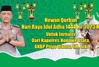 Kapolres Konut, AKBP Priyo Utomo menyerahkan 1 ekor sapi qurban 1444 H/2023 M. (*Ist)