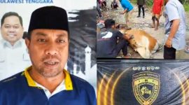 Direktur Eksekutif Kadin Sultra, Budi Amin bersama anggota telah menyalurkan daging kurban. (*Ist)