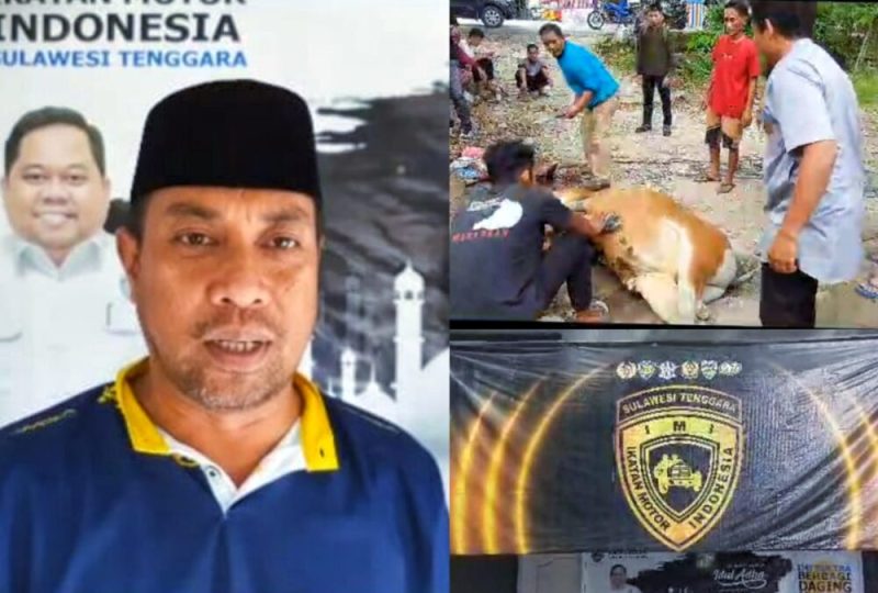 Direktur Eksekutif Kadin Sultra, Budi Amin bersama anggota telah menyalurkan daging kurban. (*Ist)