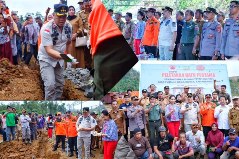 Bupati Konut, H. Ruksamin meletakkan batu pertama pembangunan Huntap dipusatkan di Desa Puusuli Kecamatan Andowia. Selasa, (18/07/2023). (*Ist)