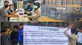 Massa Aksi resmi melaporkan PT RRA dan Bukti kapal TB. DAYA 37/BG. DBS 3708 memuat ore nikel milik PT. RRA diduga hasil penambangan ilegal di jetty masyarakat Desa Marombo. (*Ist)
