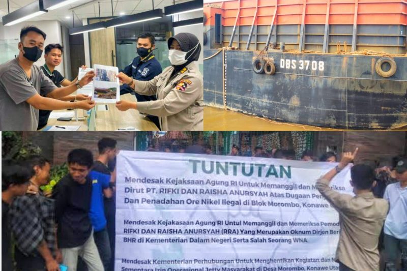 Massa Aksi resmi melaporkan PT RRA dan Bukti kapal TB. DAYA 37/BG. DBS 3708 memuat ore nikel milik PT. RRA diduga hasil penambangan ilegal di jetty masyarakat Desa Marombo. (*Ist)
