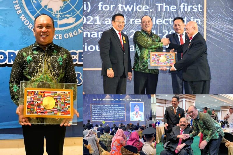 Bupati Konawe Utara, H. Ruksamin menerima Penghargaan World Peace Award 2023, berlangsung di Grand Sahid Hotel, Jakarta, Minggu (27/08/2023). (*Diskominfo)