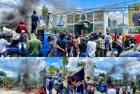 Massa Aksi menggeruduk Kantor Kejaksaan Tinggi Sulawesi Tenggara, mendesak periksa Syahbandar Molawe. Senin, (04/05/2023). (*Ist)