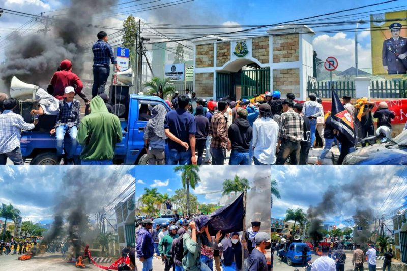 Massa Aksi menggeruduk Kantor Kejaksaan Tinggi Sulawesi Tenggara, mendesak periksa Syahbandar Molawe. Senin, (04/05/2023). (*Ist)