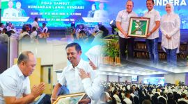 Bupati H. Ruksamin menyerahkan cinderamata kepada Kolonel Laut (P) Abd Kadir Mulku Zahari, SE., M. Tr., OPSLA yang telah memimpin dengan berdedikasi selama 18 bulan di Sulawesi Tenggara pada acara Malam Pisah Sambut Komandan Lanal Kendari di Hotel Claro, Kendari. Pada Kamis, 22 Februari 2024.