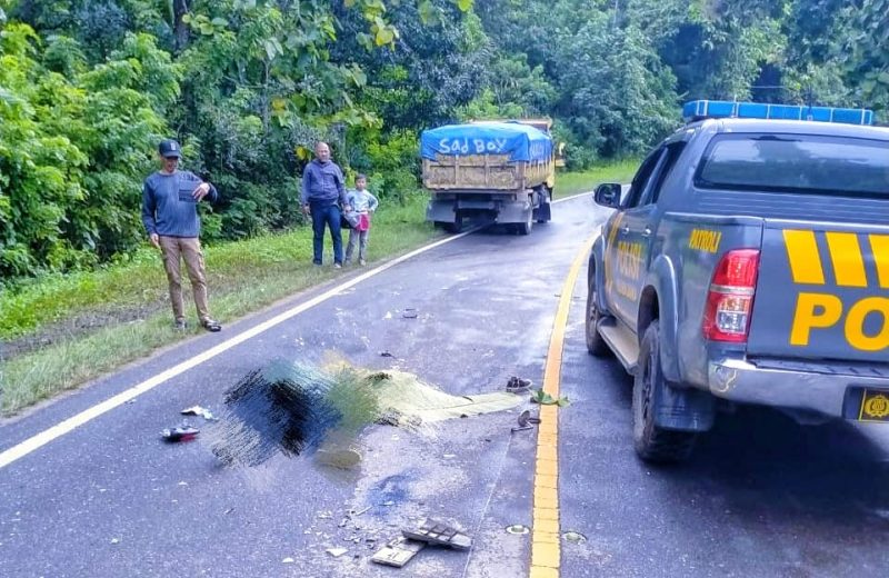 Pengendara motor pasangan suami istri tewas di TKP usai mengalami lakalantas dengan mobil truk di Jalan Trans Sulawesi Desa Tongalino, Kecamatan Lembo, Kabupaten Konawe Utara. Rabu, (24/4/2024).
