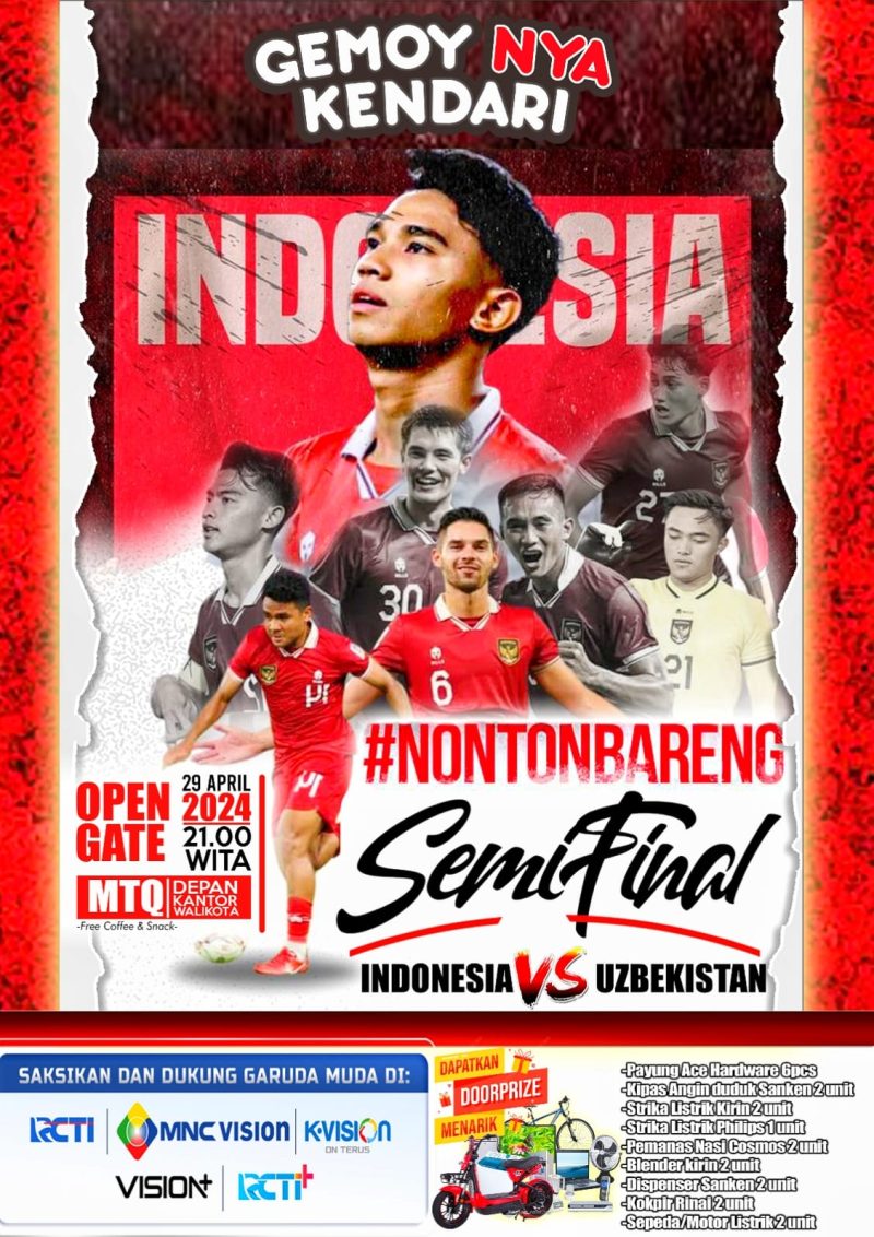Pamflet Nonton Bareng Gemoy Nya Kendari babak semifinal yang Indonesia U-23 Vs Uzbekistan U-23. Senin malam, (29/04/2024).