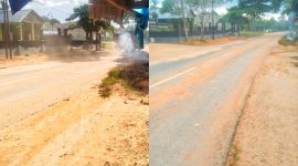 Material timbunan berserakan di beberapa titik ruas jalan, akibatnya menimbulkan polusi debu masyarakat sekitar.