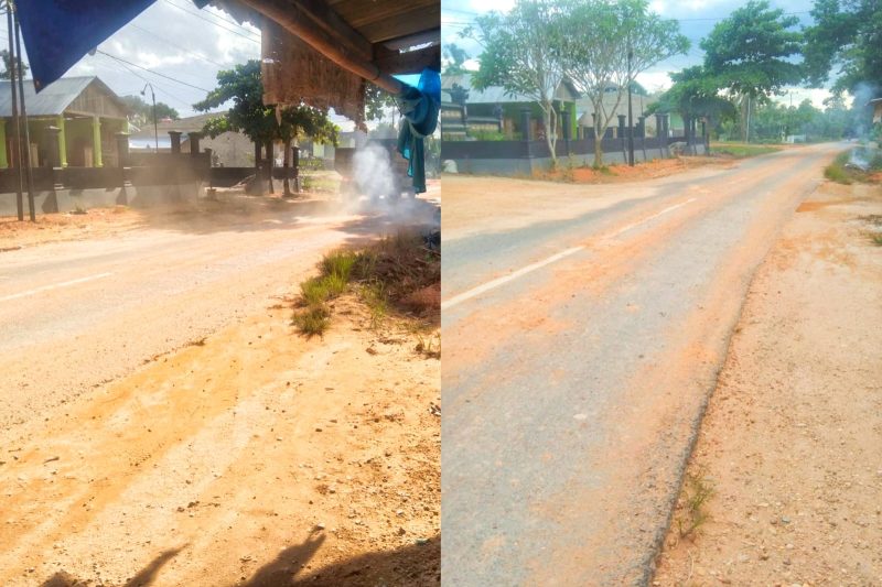 Material timbunan berserakan di beberapa titik ruas jalan, akibatnya menimbulkan polusi debu masyarakat sekitar.