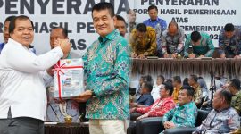 Kepala BPK RI Perwakilan Sultra, Dadek Nandemar menyerahkan WTP kepada Wakil Bupati (Wabup) Konut, H. Abuhaera, di Kantor Perwakilan BPK RI Sultra Kendari, Rabu, (22/5/2024).