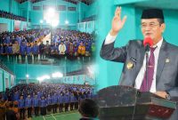 Wakil Bupati Konawe Utara, H. Abuhaera memberikan sambutannya kepada 1.697 aparatur gabungan dari PNS dan ASN PPPK, di GOR Konasara. Senin malam, (03/06/2024).
