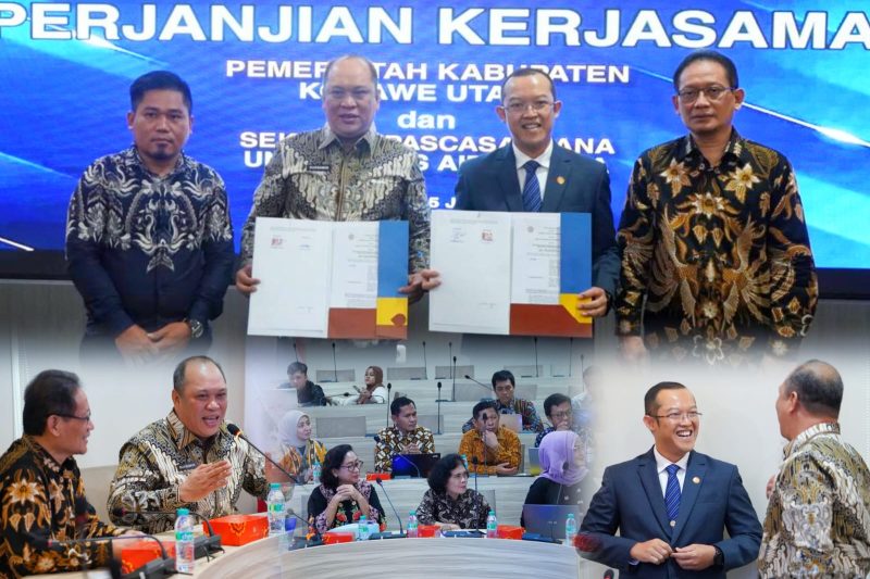 H. Ruksamin bersama Direktur Sekolah Pascasarjana Universitas Airlangga, Surabaya, Prof. Badri Munir Sukoco, S.E., MBA., Ph.D, menandatangani Perjanjian Kerja Sekolah Pascasarjana Unair Surabaya. Rabu, (05/06/2024). 