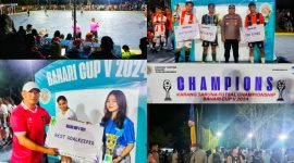 Polisi Pengamanankan laga final turnamen futsal Bahari Cup V Tahun 2024 di Desa Mowundo. Rabu malam (31/07/2024).