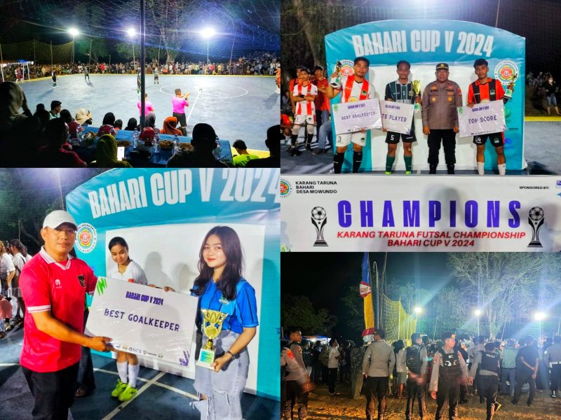 Polisi Pengamanankan laga final turnamen futsal Bahari Cup V Tahun 2024 di Desa Mowundo. Rabu malam (31/07/2024).