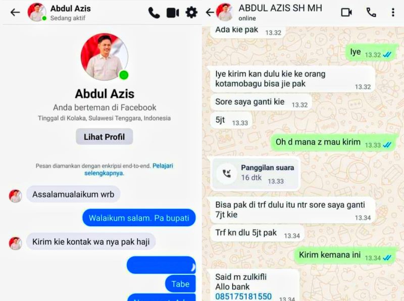 Akun Face (Palsu) Facebook Atas Nama Abdul Azis kelabui korban meminta sejumlah uang. (*Ist)