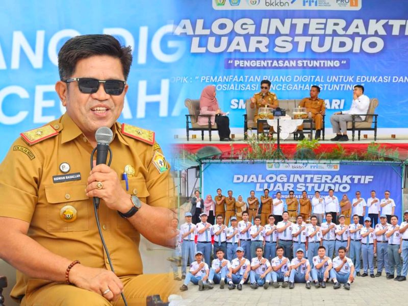 Dr. M. Ridwan Badallah, S.Pd., MM, menyampaikan Pemanfaatan Ruang Digital untuk Edukasi dan Sosialisasi Pencegahan Stunting masa kini di Radio Republik Indonesia (RRI) Kendari di halaman SMA Negeri 1 Kendari. Senin, (12/08/2024).