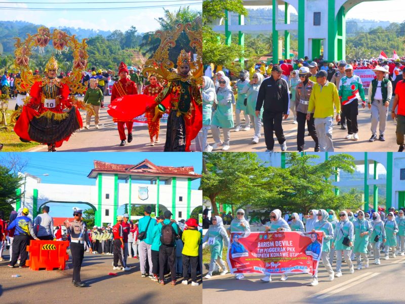 Personel Polres Konawe Utara sigap melakukan pengamanan dan pengaturan lalu lintas pembukaan devile pekan olahraga kabupaten konawe utara. Rabu, (14/08/2024).  