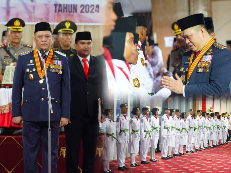 Bupati Konawe Utara, H. Ruksamin mengukuhkan 70 Peserta Paskibraka berlangsung di Aula lt. 1 Kantor Bupati Konut, Jumat (16/08/2024).