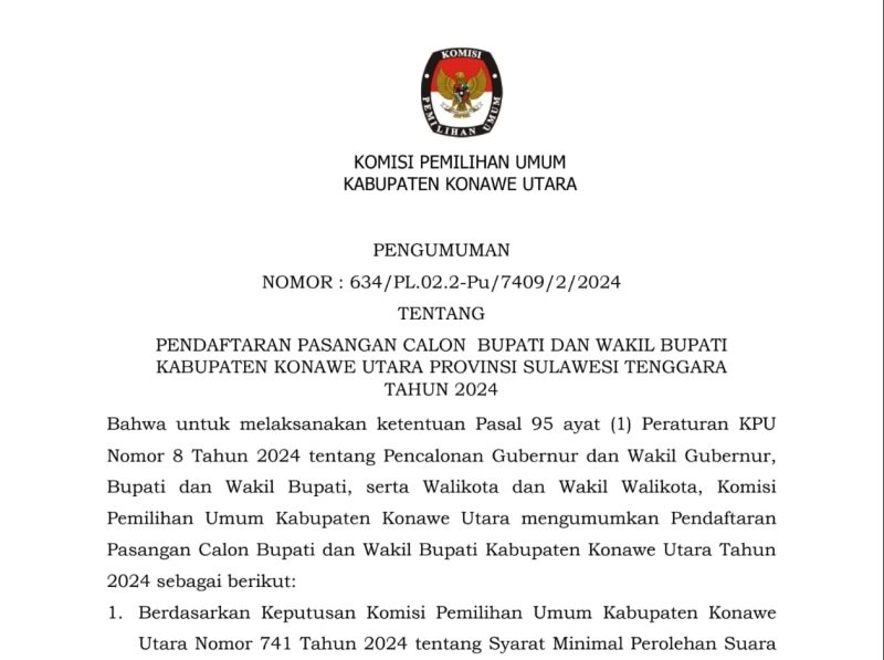 Berikut Jadwal dan Syarat Pendaftaran Paslon Bupati dan Wakil Bupati Konawe Utara 2024.