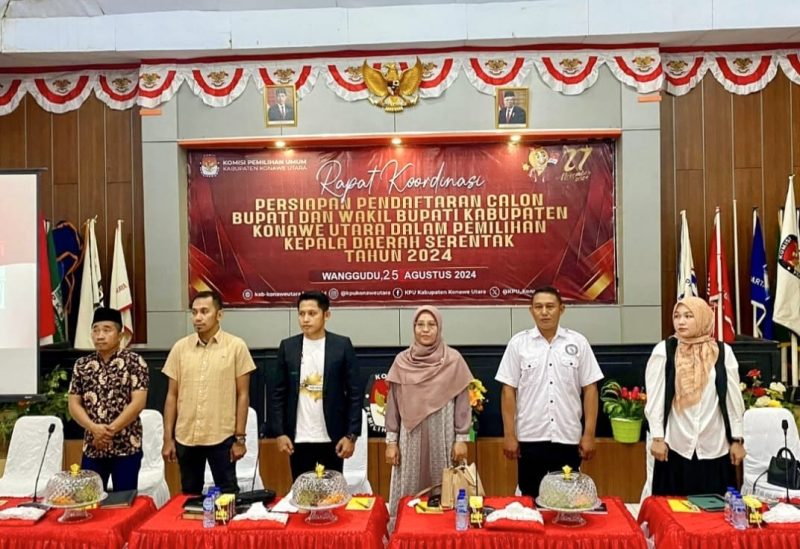 Komisi Pemilihan Umum (KPU) Konawe Utara (Konut) menggelar rapat koordinasi terkait persiapan pendaftaran calon Bupati dan Wakil Bupati pada Pemilihan Kepala Daerah (Pilkada) serentak tahun 2024 di Aula Oheo KPU Konut, Minggu (25/8/2024).