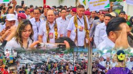 Belasan ribu masyarakat iringi Pasangan Calon Gubernur Sulawesi Tenggara, Dr. Ir. H. Ruksamin, ST., M.Si, IPU., ASEAN.Eng dan Calon Wakil Gubernur Sultra, H. LM Sjafei Kahar mendaftar di Komisi Pemilihan Umum, Sultra, Kamis (29/08/2024).