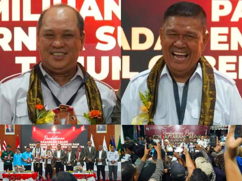 Pasangan Calon Gubernur Sultra, H. Ruksamin bersama Calon Wakil Gubernur Sultra, H. LM. Sjafei Kahar, Periode 2024-2029, saat mendaftar di KPU Sultra, Kamis (29/09/2024).