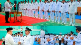 Bupati Konawe Utara, H. Ruksamin pimpin Perpanjangan masa jabatan 159 kepala desa di gedung olahraga, Kamis (05/09/2024).