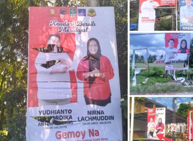 Tampak baliho dan banner pasangan calon Walikota dan Wakil Walikota Kendari, Yudhianto Mahardika dan Hj. Nirna Lachmuddin di rusak orang tidak di kenal, di sejumlah titik kota kendari. 