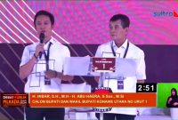 Pasangan Calon Bupati dan Wakil Bupati Konawe Utara, Nomor Urut Satu, Ikbar-Abuhaera pada Debat Publik Pemilihan Tahun 2024, di Gor Konasara, Sabtu malam (26/10/2024).
