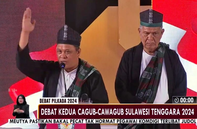 Debat kedua, Pasangan Calon Gubernur dan Wakil Gubernur Sultra, Nomor Urut Satu, Ruksamin-Sjafei bakal tingkatkan Daya Saing Sultra Sebagai Pusat Energi Dunia, di Kolaka, Jumat, (01/11/2024). Foto : Doc MetroTV.
