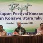 H. Ruksamin memimpin rapat persiapan Festival Konasara yang akan diselenggarakan dalam rangka menyambut Hari Ulang Tahun (HUT) ke-18 Kabupaten Konawe Utara.