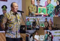 Bupati Konawe Utara, Ruksamin menyerahkan Cinderamata Kepada AKBP Priyo Utomo, dan menyambut AKBP Rico Fernando, pada Serah Terima Jabatan (Sertijab) Kapolres Konawe Utara (Konut) pada Kamis (9/1/2024).