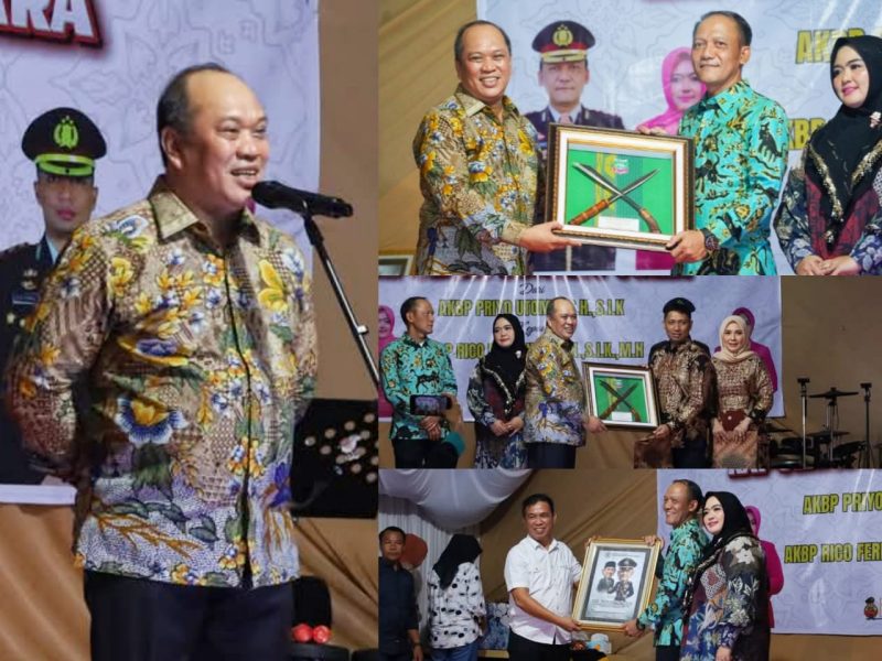 Bupati Konawe Utara, Ruksamin menyerahkan Cinderamata Kepada AKBP Priyo Utomo, dan menyambut AKBP Rico Fernando, pada Serah Terima Jabatan (Sertijab) Kapolres Konawe Utara (Konut) pada Kamis (9/1/2024).