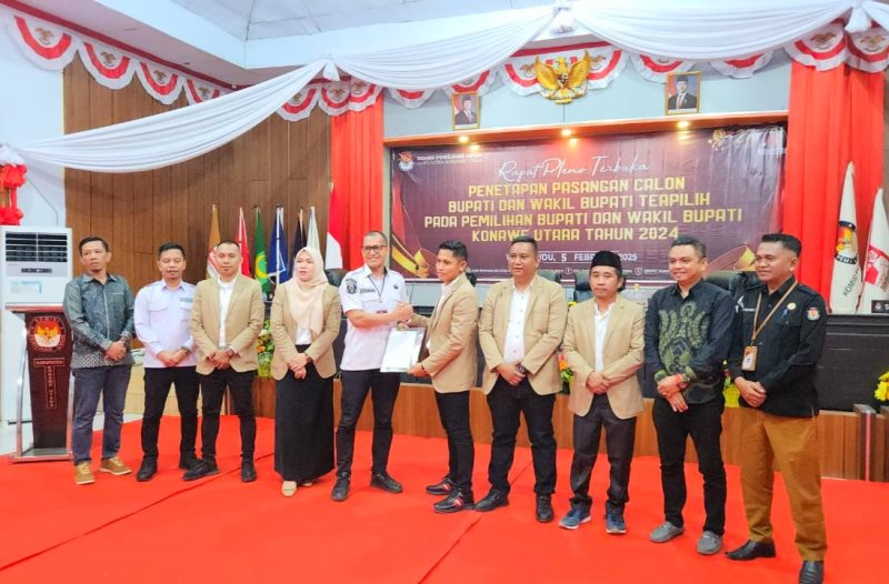 Penetapan Bupati dan Wakil Bupati Konawe Utara, Ikbar-Abuhaera berlangsung dalam rapat pleno terbuka di Aula Kantor KPU Konut, Kelurahan Wanggudu, Kecamatan Asera, pada Rabu (5/2/2025)