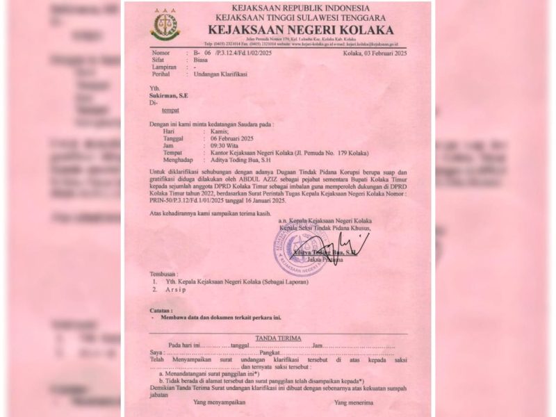 Undangan Klarifikasi Kejaksaan Negeri (Kejari) Kolaka kasus dugaan Suap dan Gratifikasi Abdul Azis.