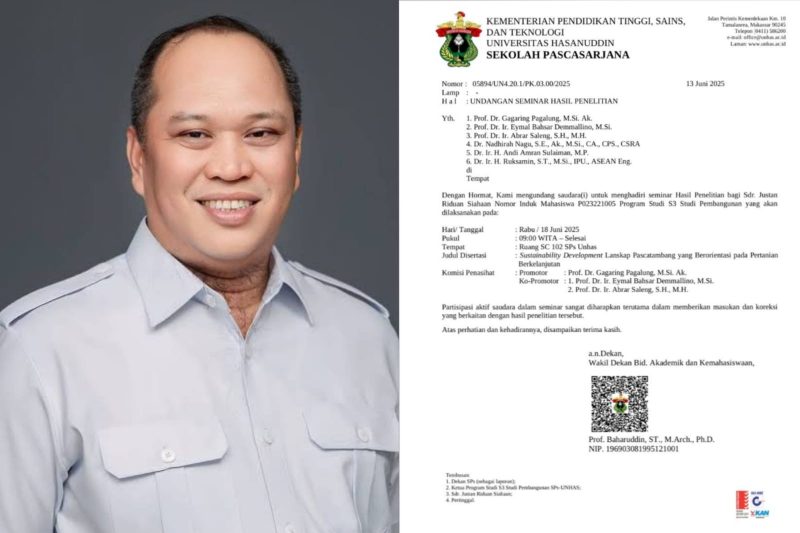H. Ruksamin dan Undangan Seminar Hasil Penelitian program doktoral Unhas yang akan digelar pada 18 Juni 2025.