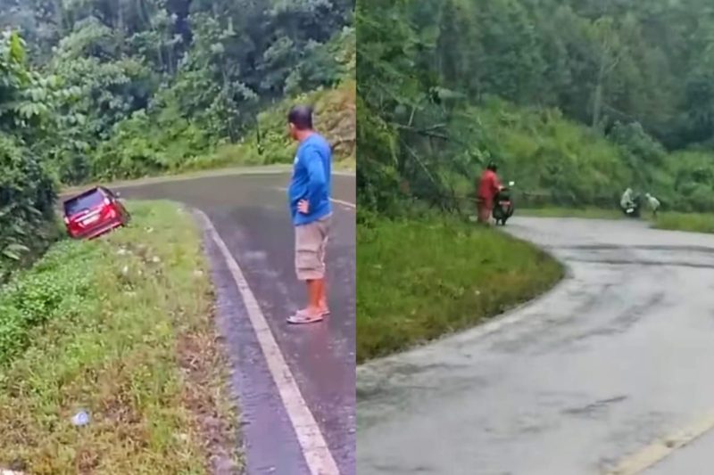 Mobil jenis Avanza terperesot keluar dari jalur aspal dan beberapa pengendara motor turun dari kendaraan dan mendorong kendaraan. Rabu pagi (18/06/2025). Foto : Screenshot.