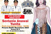 Sevtania Anawai Yunita, masuk sebagai finalis dalam ajang Nasional bergengsi Pesona Batik Nusantara 2025 Season ke-9 yang akan digelar pada 26–29 Juni 2025 di Jakarta.