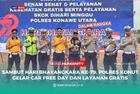 Satuan Lalulintas (Satlantas) Polres Konut menggelar kegiatan Car Free Day yang dirangkaikan dengan senam sehat, pelayanan kesehatan gratis, serta pelayanan penerbitan Surat Keterangan Catatan Kepolisian (SKCK), di Bundaran Central Business Distrik (CBD) Kelurahan Wanggudu, Minggu (22/6/2025).