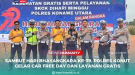 Satuan Lalulintas (Satlantas) Polres Konut menggelar kegiatan Car Free Day yang dirangkaikan dengan senam sehat, pelayanan kesehatan gratis, serta pelayanan penerbitan Surat Keterangan Catatan Kepolisian (SKCK), di Bundaran Central Business Distrik (CBD) Kelurahan Wanggudu, Minggu (22/6/2025).
